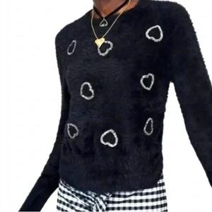 Black Fuzzy Sweater with Heart Accents Zara